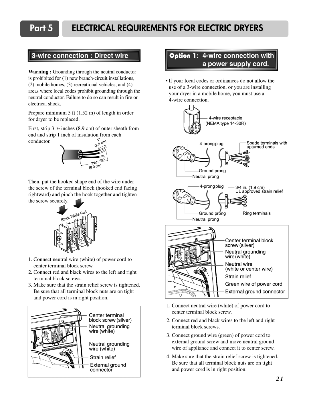 LG Electronics D3744W, D3744S manual Option 1 4-wire connection with a power supply cord 