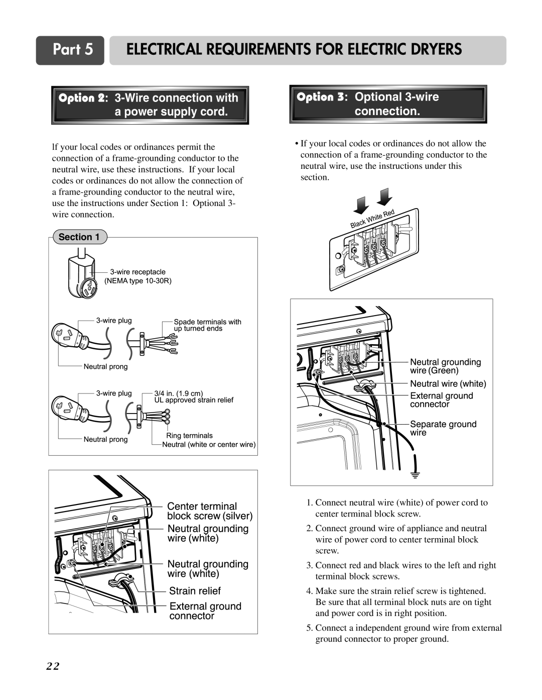 LG Electronics D3744S, D3744W manual Option 2 3-Wire connection with a power supply cord 