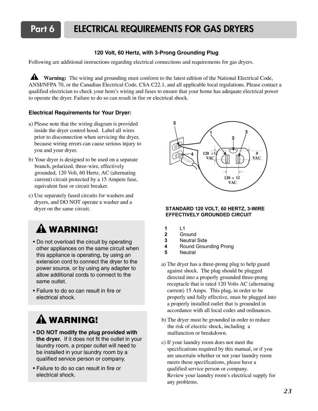 LG Electronics D3744W, D3744S Part 6 Electrical Requirements for GAS Dryers, Volt, 60 Hertz, with 3-Prong Grounding Plug 