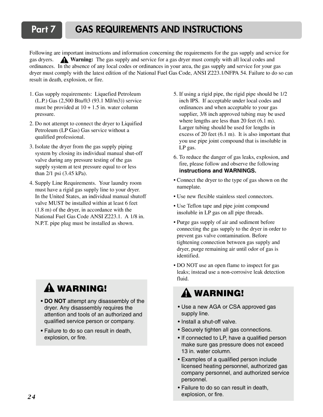 LG Electronics D3744S, D3744W manual Part 7 GAS Requirements and Instructions 