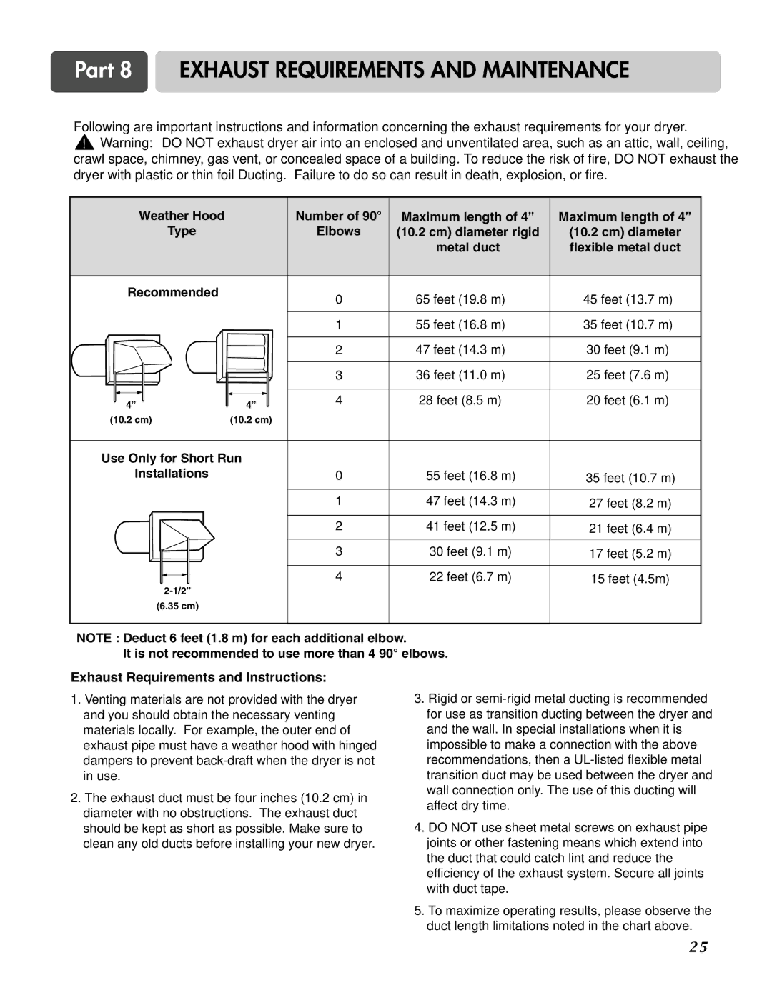 LG Electronics D3744W, D3744S manual Part 8 Exhaust Requirements and Maintenance, Exhaust Requirements and Instructions 