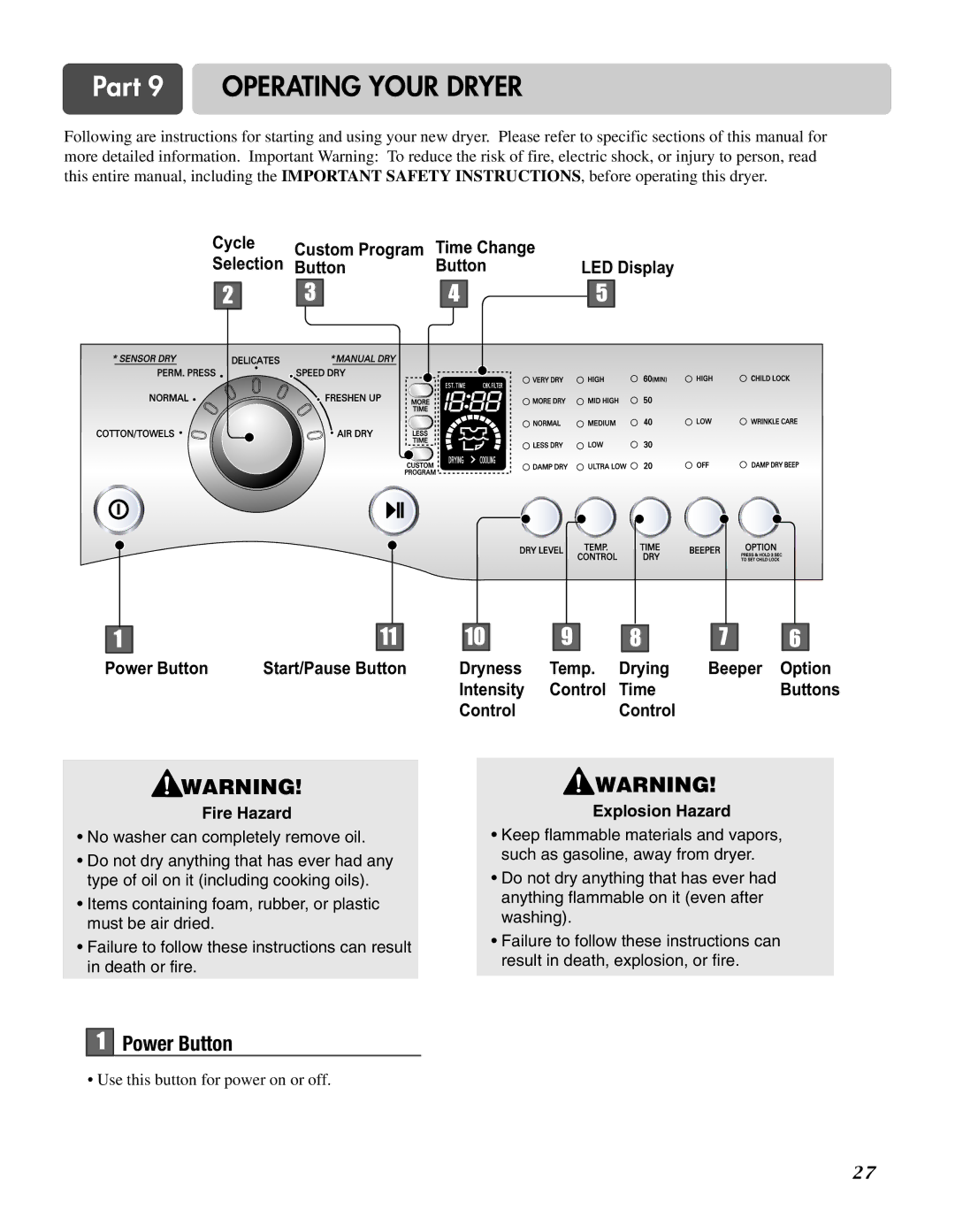 LG Electronics D3744W, D3744S manual Part 9 Operating Your Dryer, Power Button, Fire Hazard, Explosion Hazard 