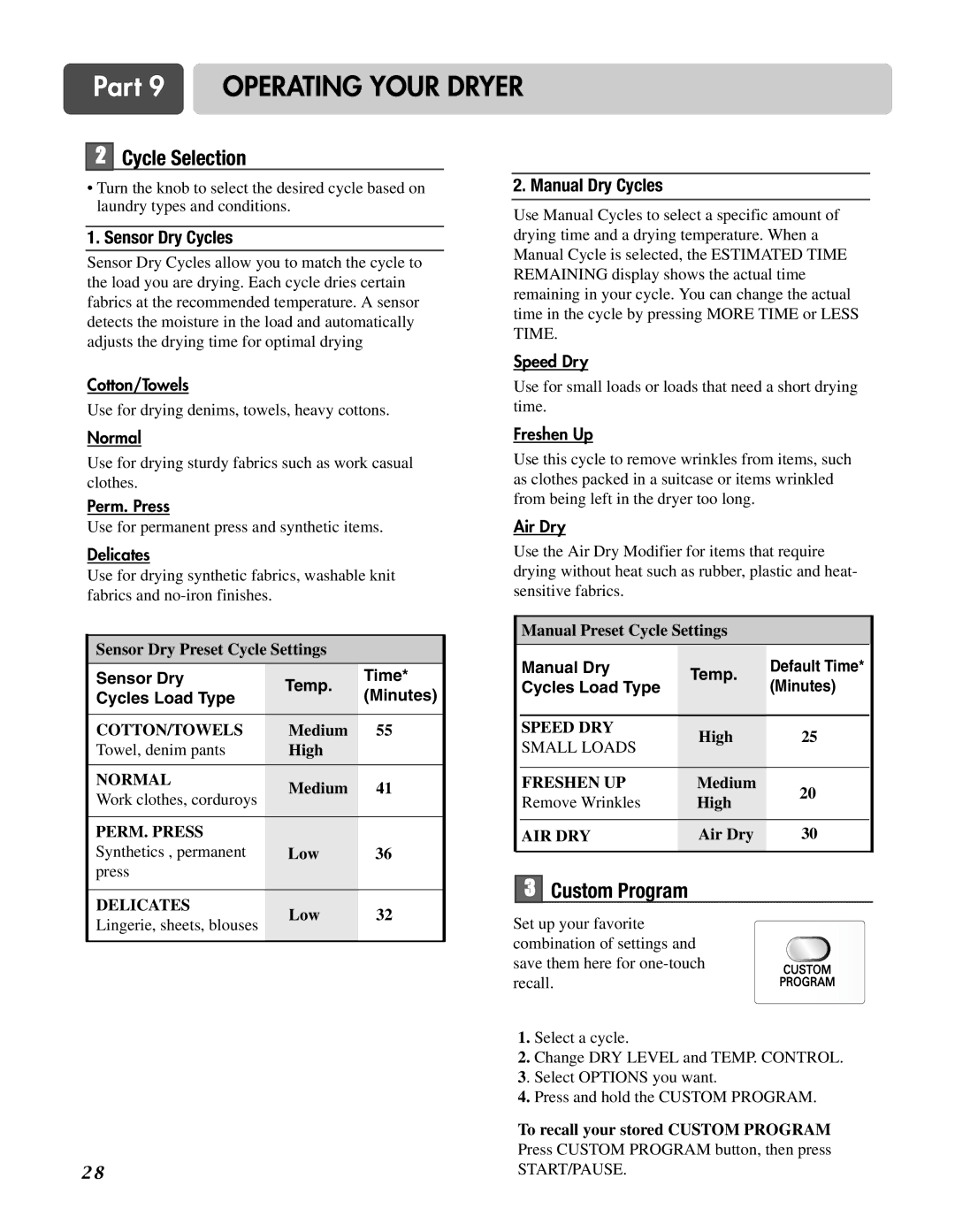 LG Electronics D3744S Cycle Selection, Custom Program, Sensor Dry Temp Time Cycles Load Type Minutes, Manual Dry Temp 