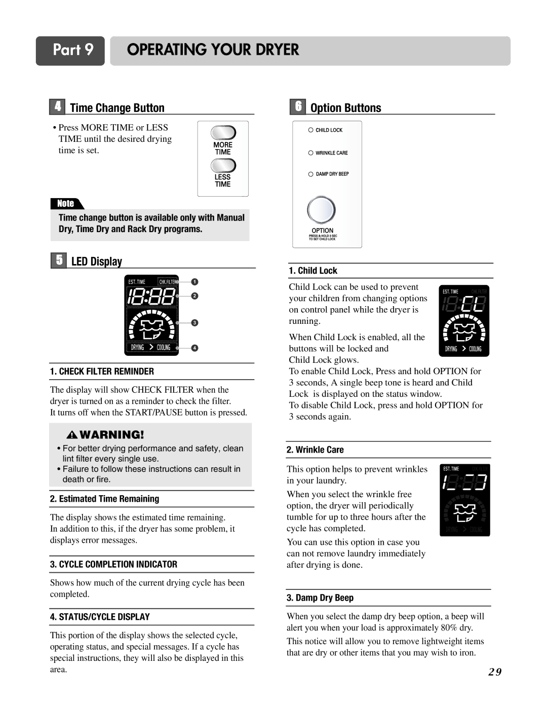 LG Electronics D3744W, D3744S manual Time Change Button, LED Display, Option Buttons 