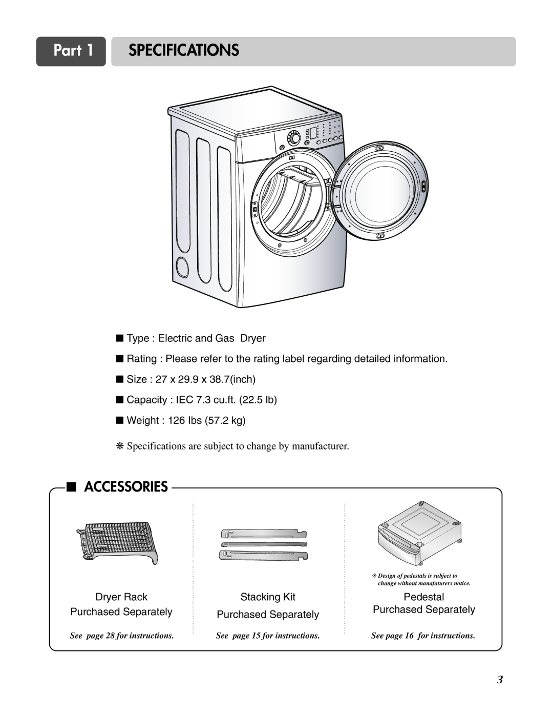 LG Electronics D3744W, D3744S manual Part 1 Specifications, Accessories 