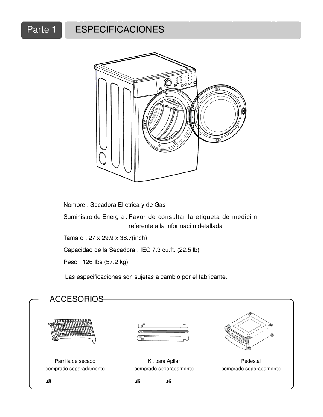 LG Electronics D3744W, D3744S manual Parte 1 Especificaciones, Accesorios 