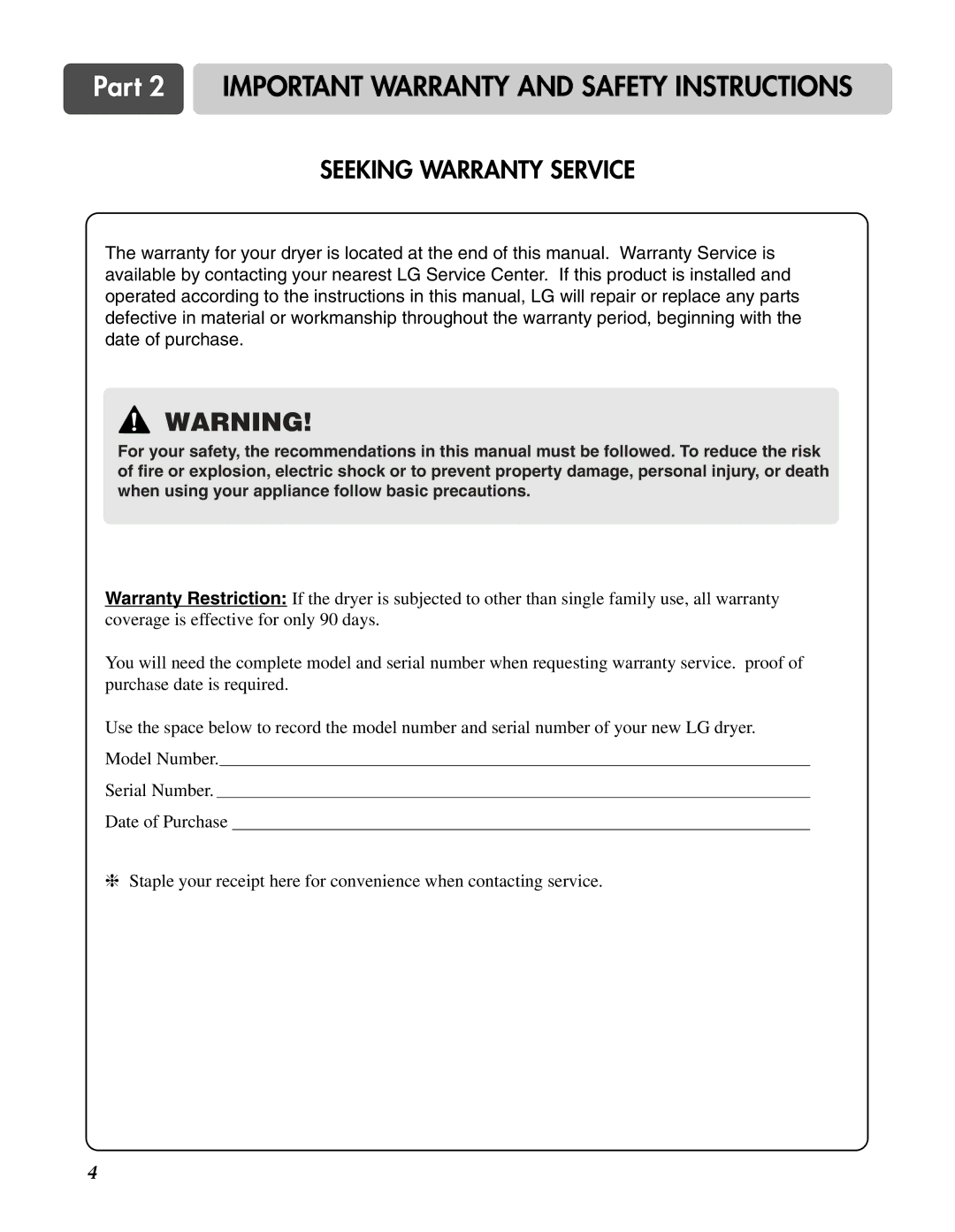 LG Electronics D3744S, D3744W manual Part 2 Important Warranty and Safety Instructions, Seeking Warranty Service 