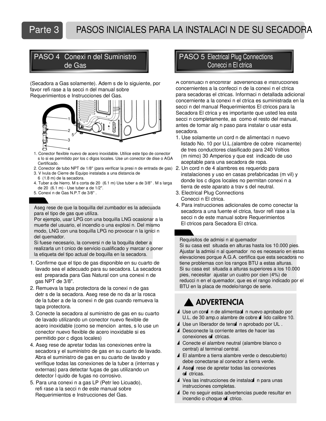 LG Electronics D3744S manual Paso 4 Conexión del Suministro de Gas, Paso 5 Electrical Plug Connections Conecciòn Elèctrica 