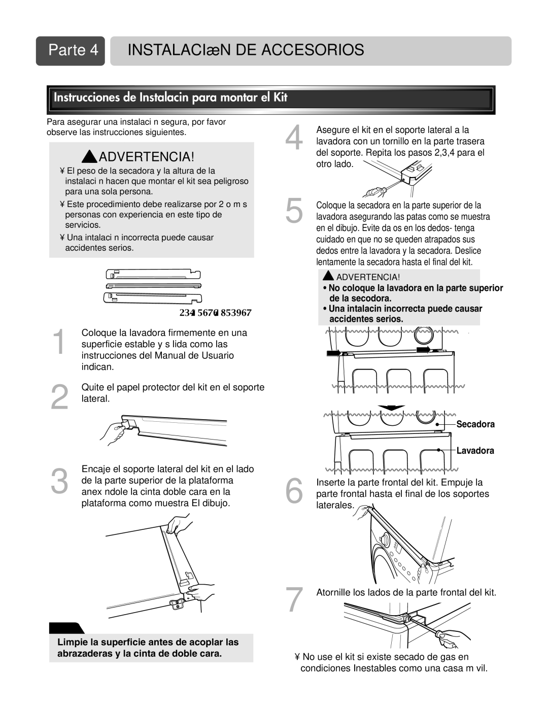 LG Electronics D3744W, D3744S manual Parte 4 Instalaciòn DE Accesorios, Instrucciones de Instalaciòn para montar el Kit 