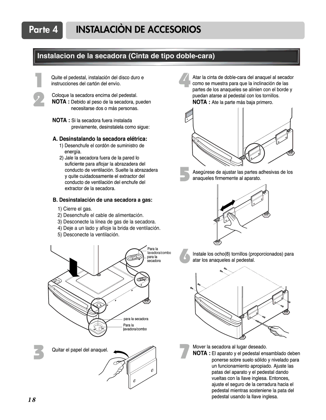 LG Electronics D3744S, D3744W Instalacion de la secadora Cinta de tipo doble-cara, Desinstalación de una secadora a gas 