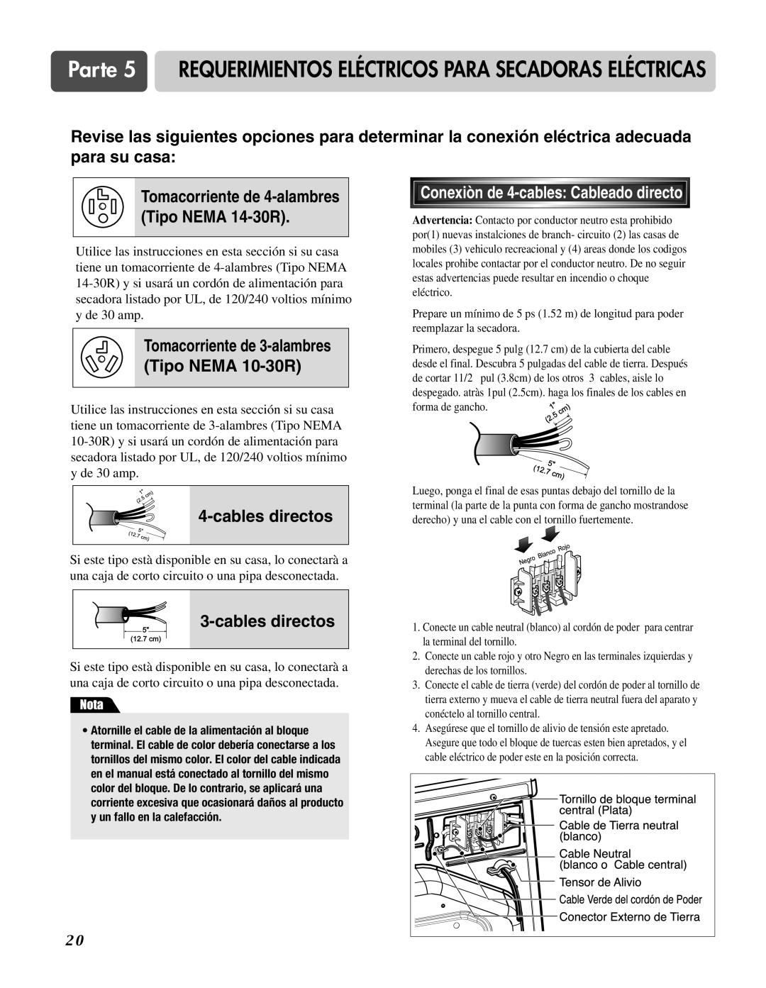 LG Electronics D3744S, D3744W manual Conexiòn de 4-cables Cableado directo, Tomacorriente de 3-alambres Tipo Nema 10-30R 