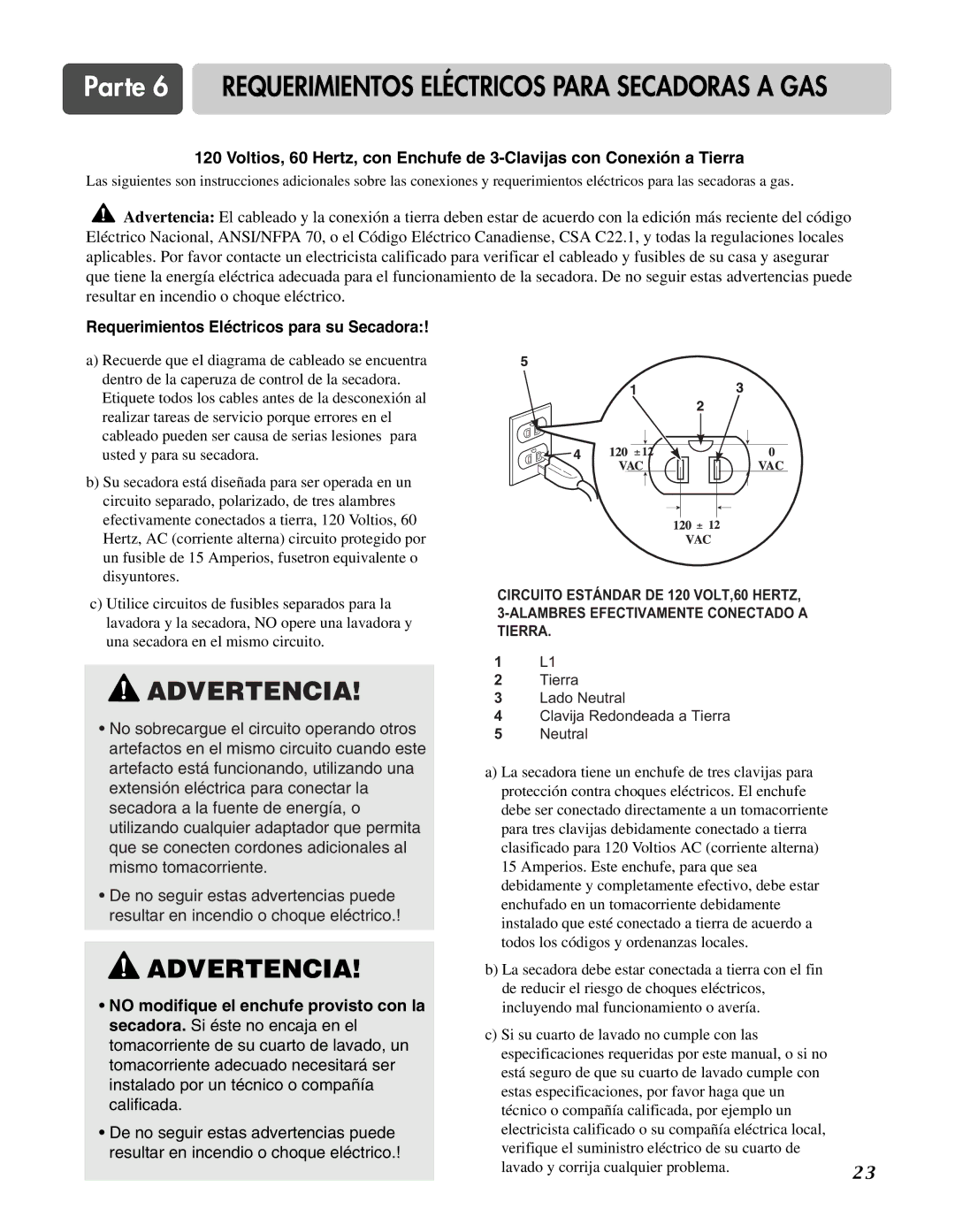 LG Electronics D3744W Parte 6 Requerimientos Eléctricos Para Secadoras a GAS, Requerimientos Eléctricos para su Secadora 