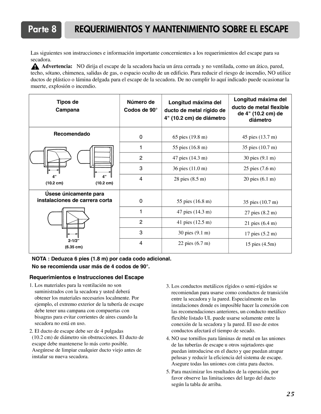 LG Electronics D3744W Parte 8 Requerimientos Y Mantenimiento Sobre EL Escape, Requerimientos e Instrucciones del Escape 