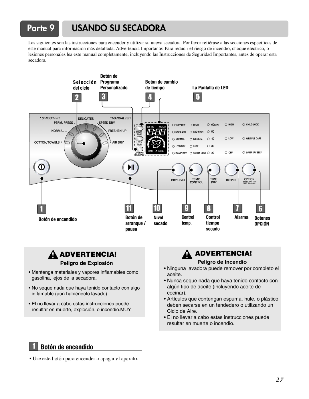 LG Electronics D3744W, D3744S Parte 9 Usando SU Secadora, Botón de encendido, Peligro de Explosión, Peligro de Incendio 