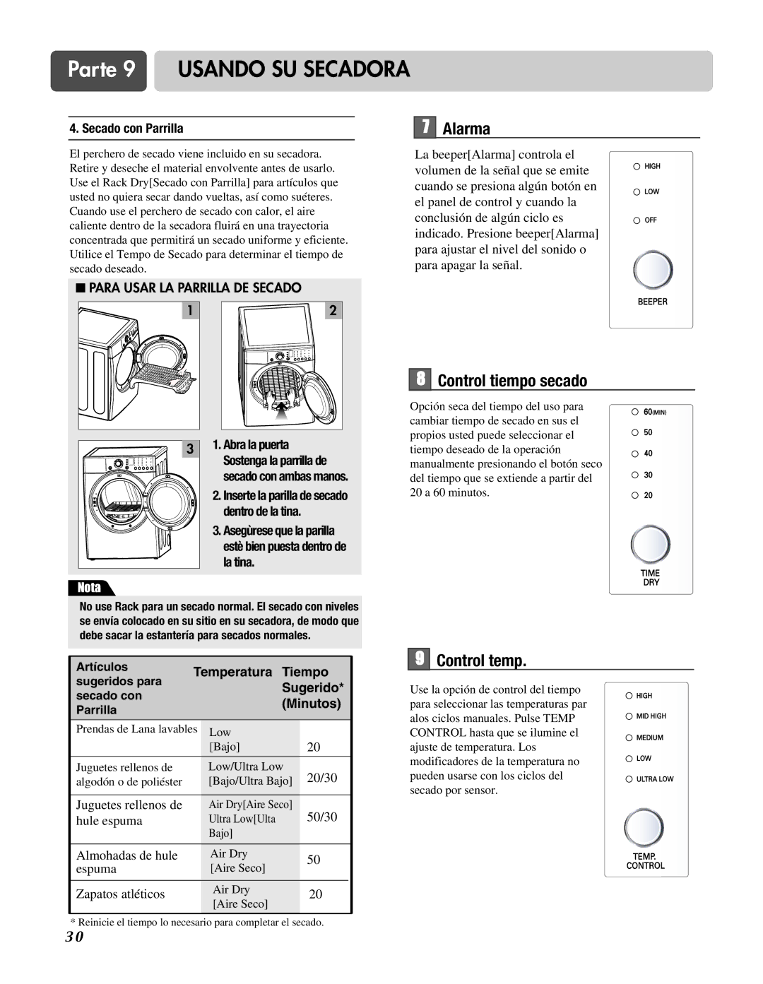 LG Electronics D3744S, D3744W manual Alarma, Control tiempo secado, Control temp, Secado con Parrilla 