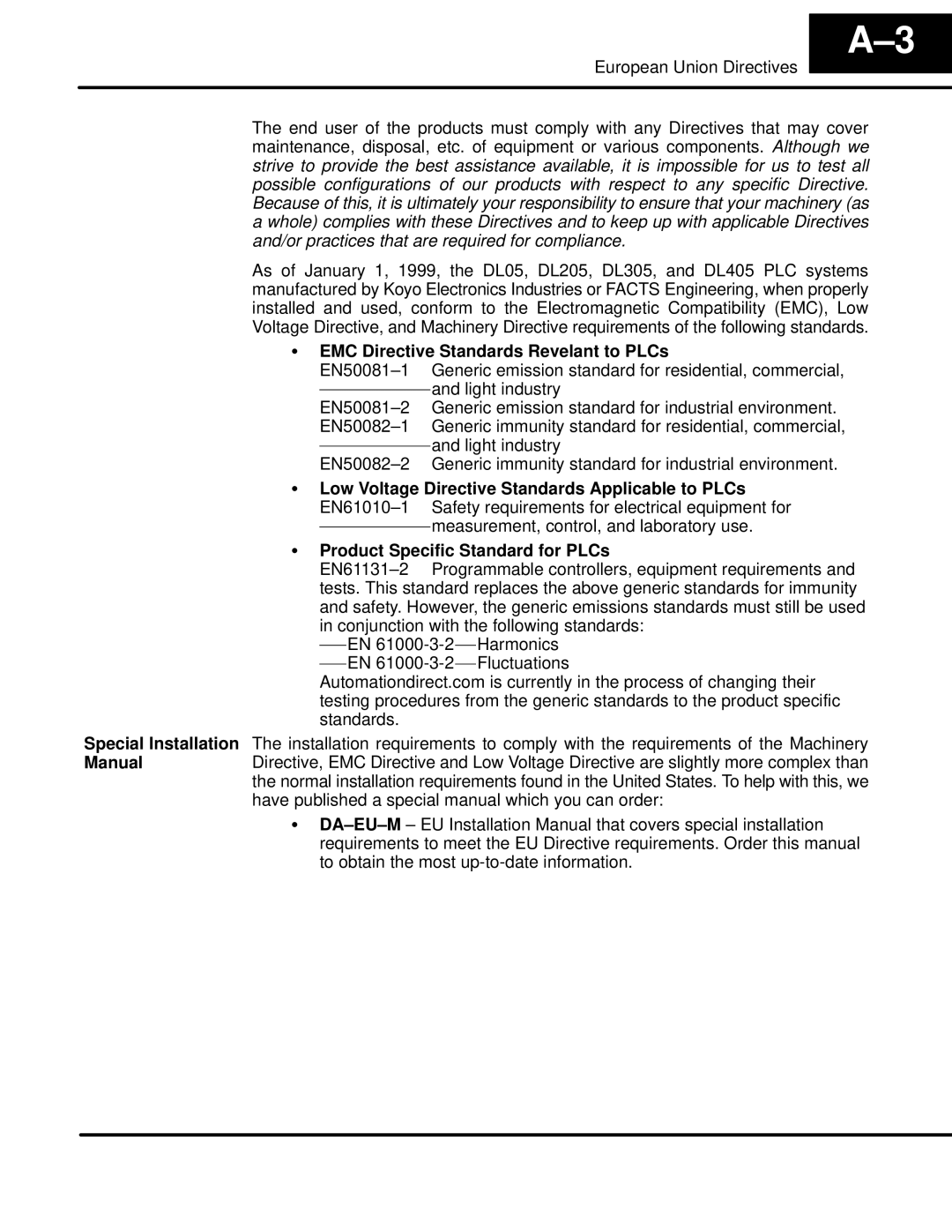 LG Electronics D4470 user manual EMC Directive Standards Revelant to PLCs, Product Specific Standard for PLCs 