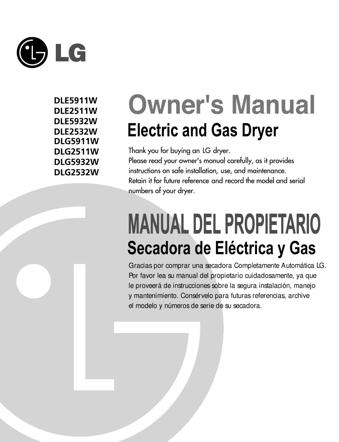 LG Electronics D2532W, D5932W, D5911W, D2511W, DLE2511W manual Electric and Gas Dryer 