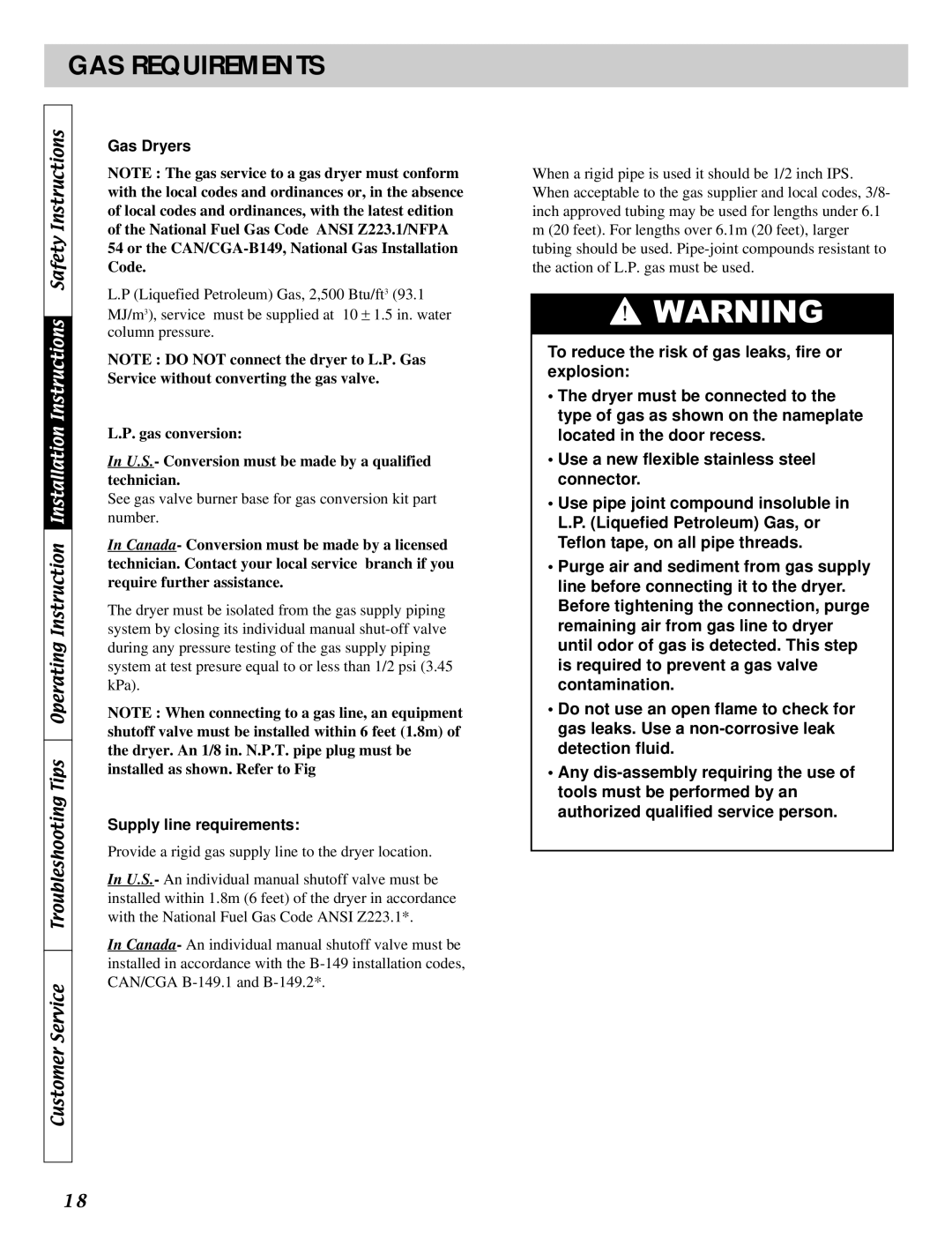 LG Electronics D2511W, D5932W, D2532W, D5911W, DLE2511W manual GAS Requirements, Supply line requirements 