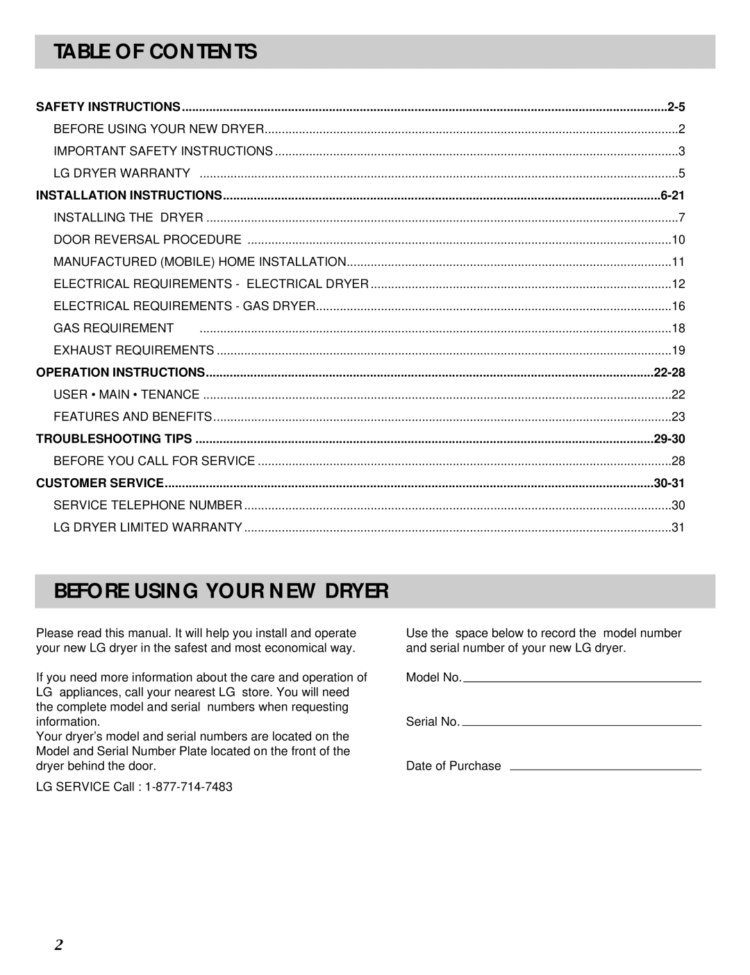 LG Electronics D5911W, D5932W, D2532W, D2511W, DLE2511W manual Table of Contents, Before Using Your NEW Dryer 