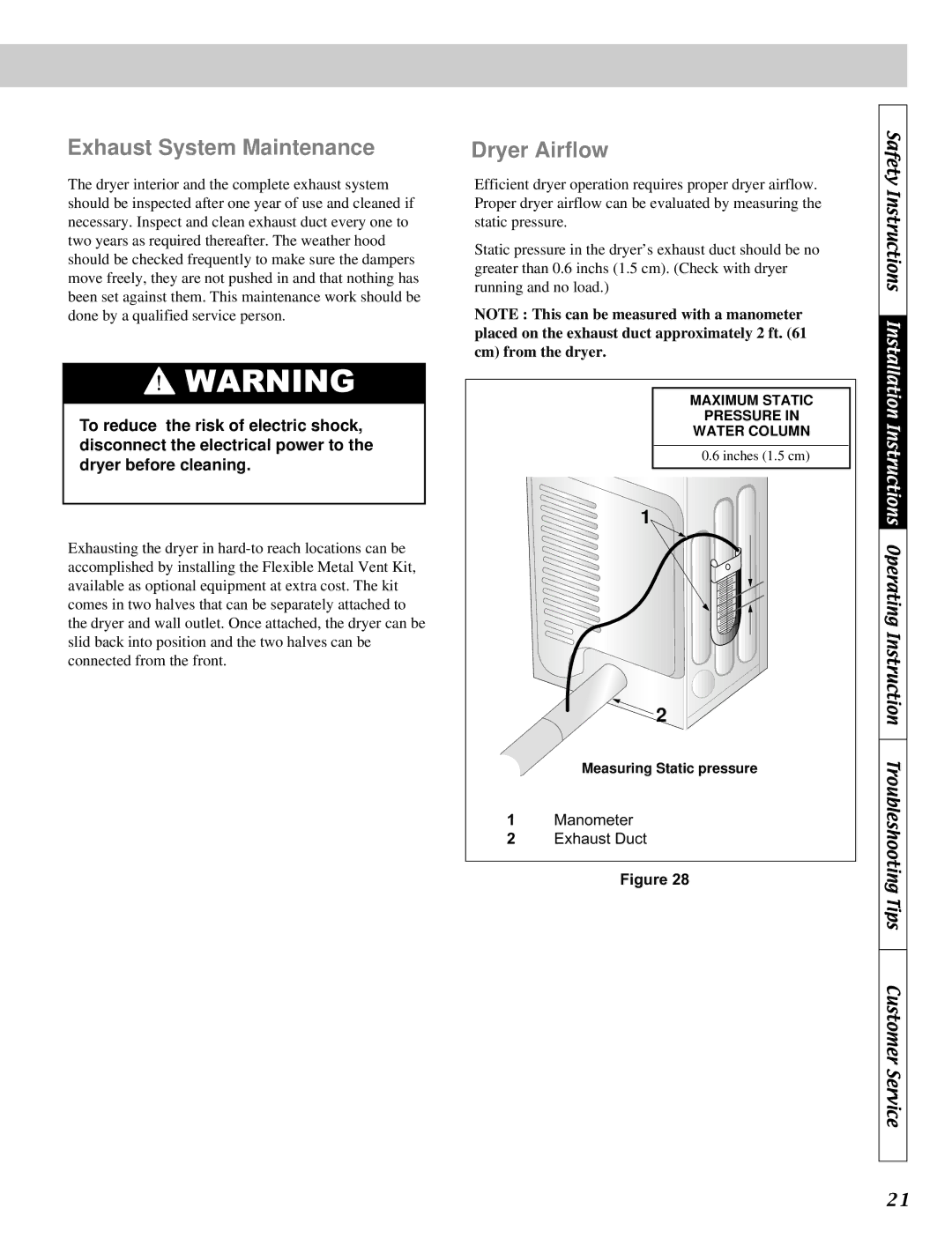 LG Electronics D2532W, D5932W, D5911W, D2511W, DLE2511W manual Exhaust System Maintenance, Dryer Airflow 