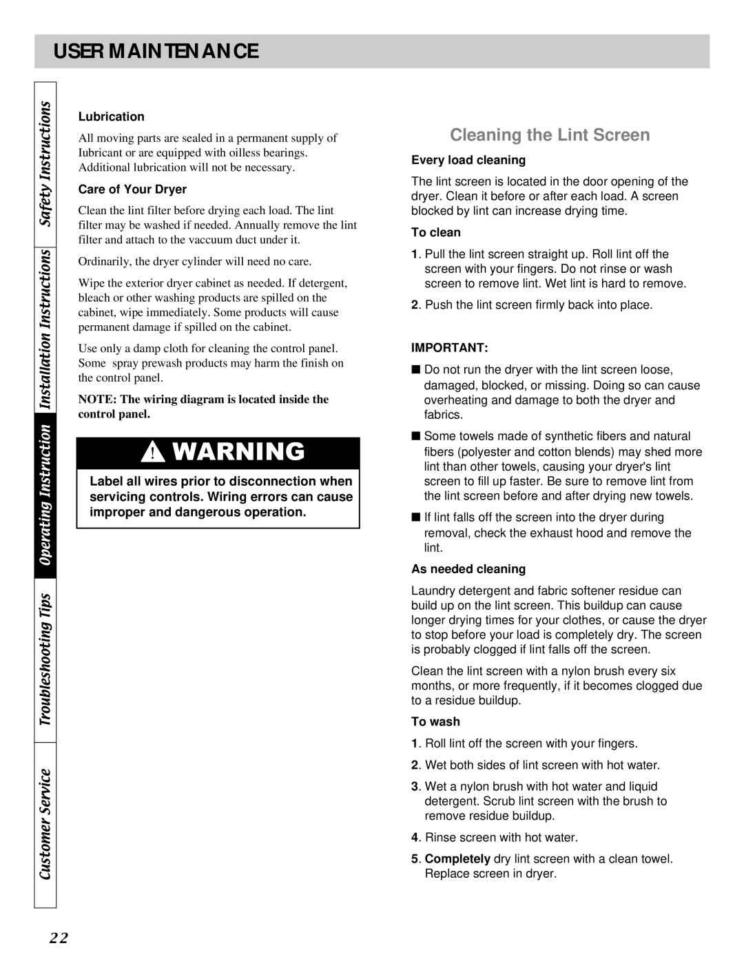 LG Electronics D5911W, D5932W, D2532W, D2511W, DLE2511W manual User Maintenance, Cleaning the Lint Screen 