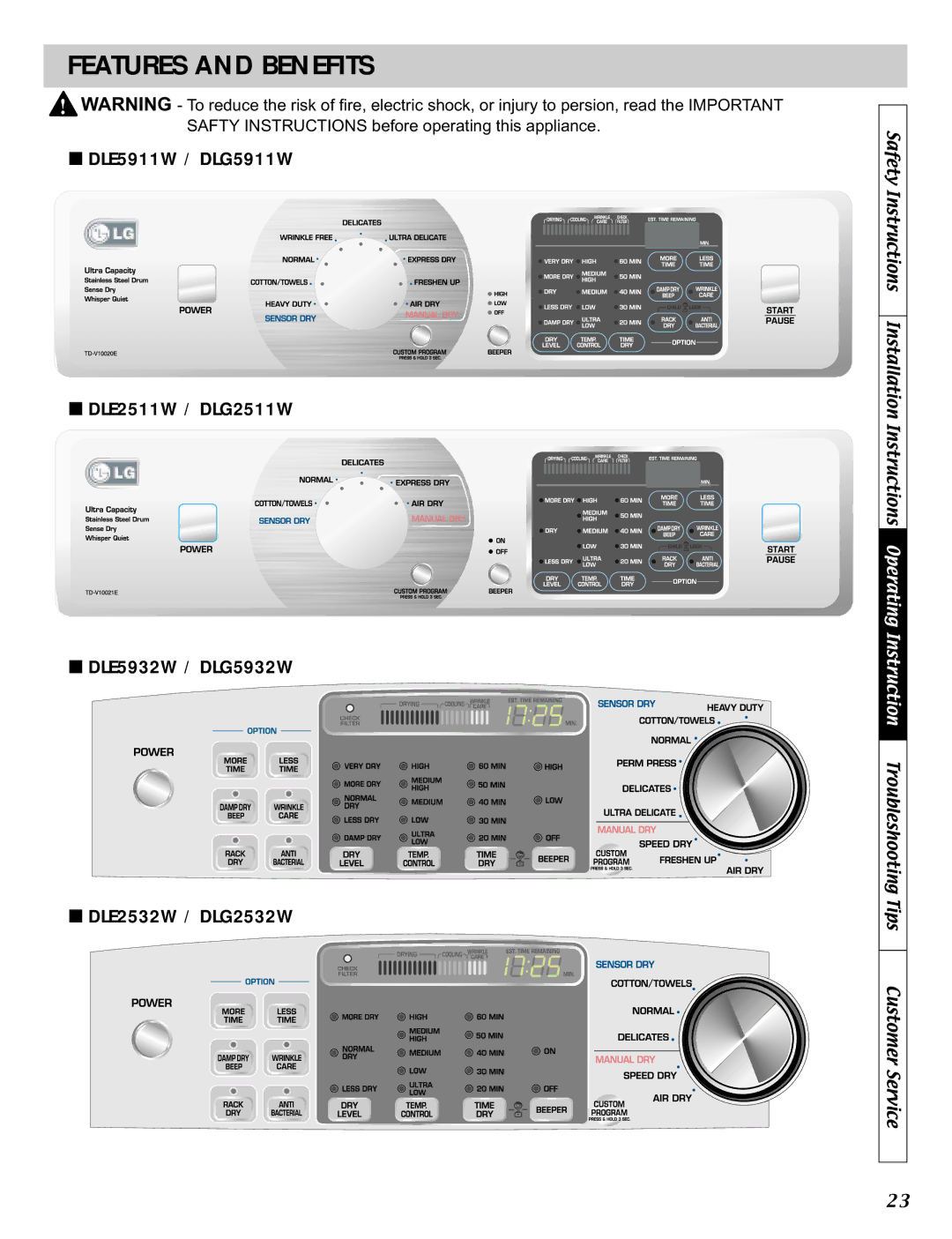 LG Electronics D2511W, D5932W, D2532W, D5911W, DLE2511W manual Features and Benefits 