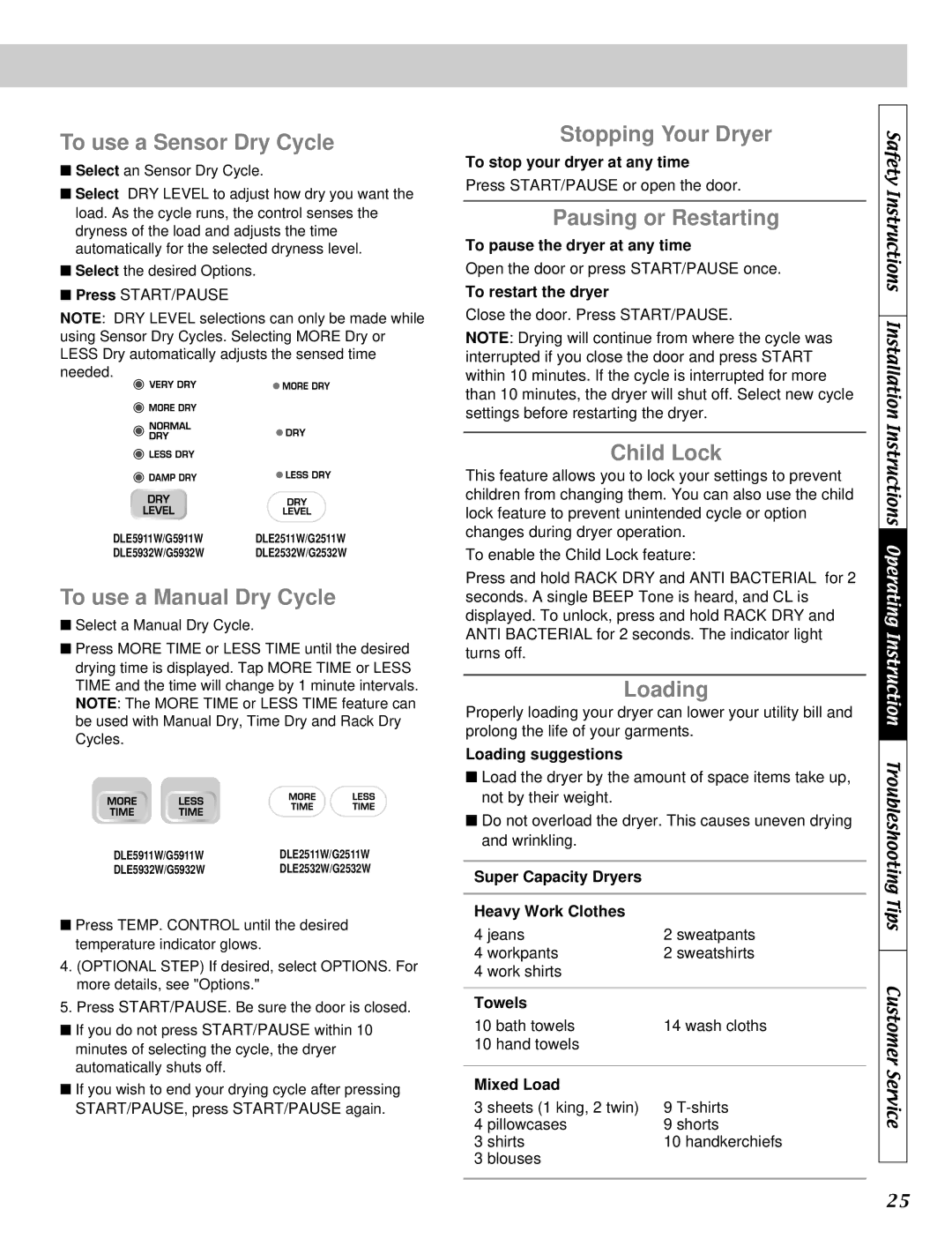 LG Electronics D5932W To use a Sensor Dry Cycle, To use a Manual Dry Cycle, Stopping Your Dryer, Pausing or Restarting 