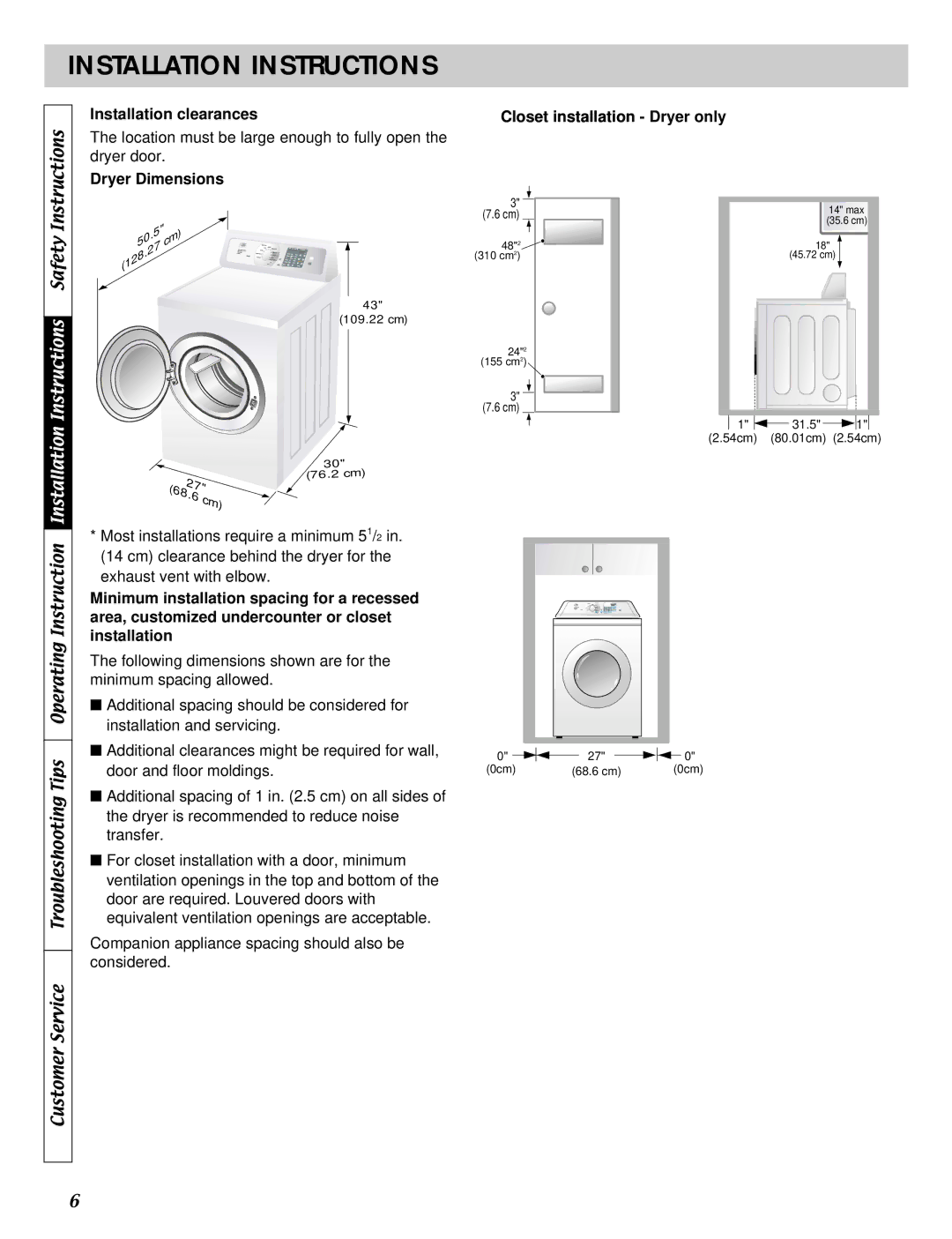 LG Electronics D2532W Installation Instructions, Installation clearances, Minimum installation spacing for a recessed 