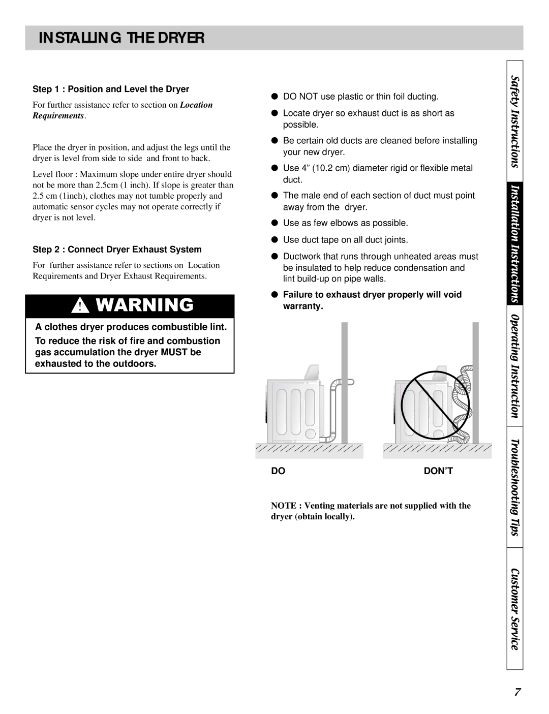 LG Electronics D5911W, D5932W, D2532W manual Installing the Dryer, Position and Level the Dryer, Connect Dryer Exhaust System 