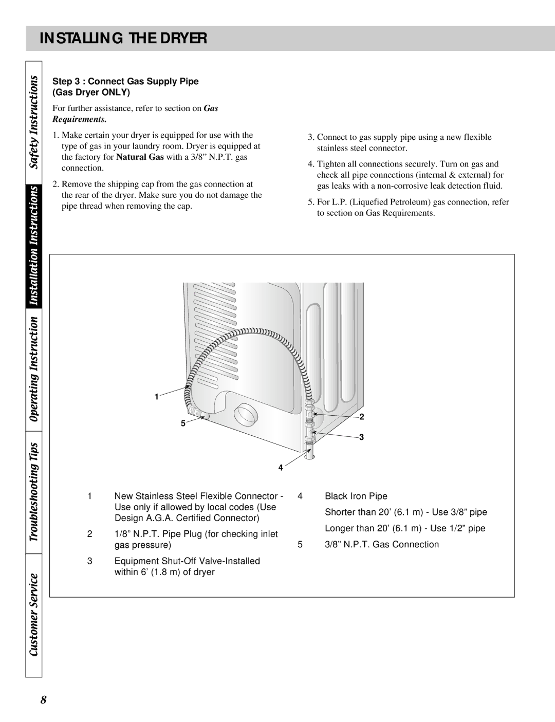 LG Electronics D2511W, D5932W, D2532W, D5911W, DLE2511W manual Connect Gas Supply Pipe Gas Dryer only, Requirements 