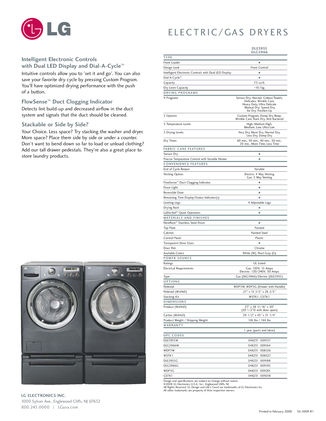 LG Electronics D5966 manual FlowSense Duct Clogging Indicator, Stackable or Side by Side? 