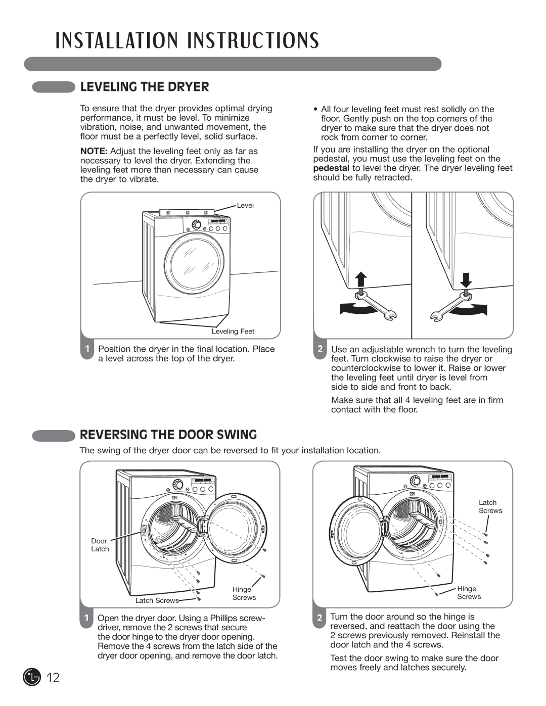 LG Electronics D5966G, D5966W installation instructions Leveling the Dryer, Reversing the Door Swing 