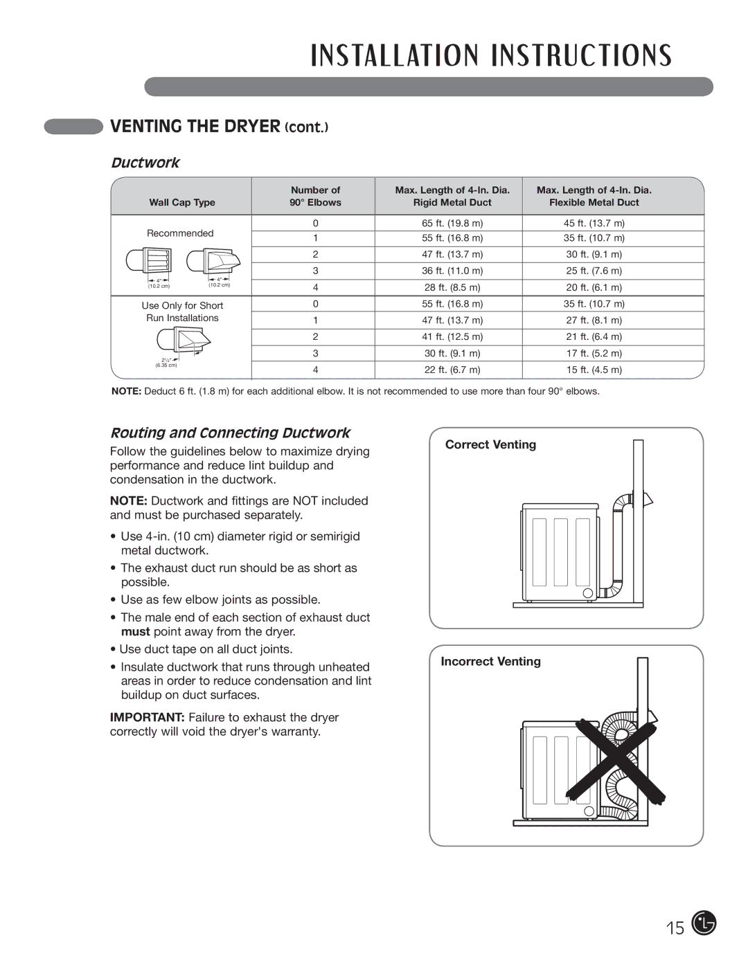 LG Electronics D5966W, D5966G Routing and Connecting Ductwork, Correct Venting, Incorrect Venting 