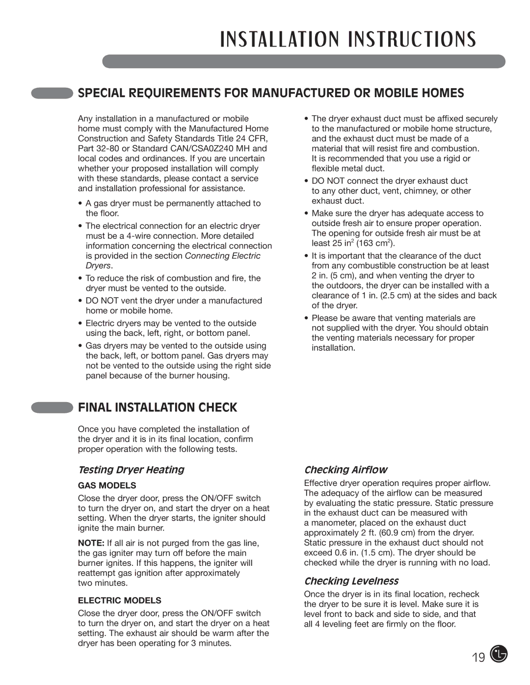 LG Electronics D5966W Special Requirements for Manufactured or Mobile Homes, Final Installation Check, Checking Airflow 