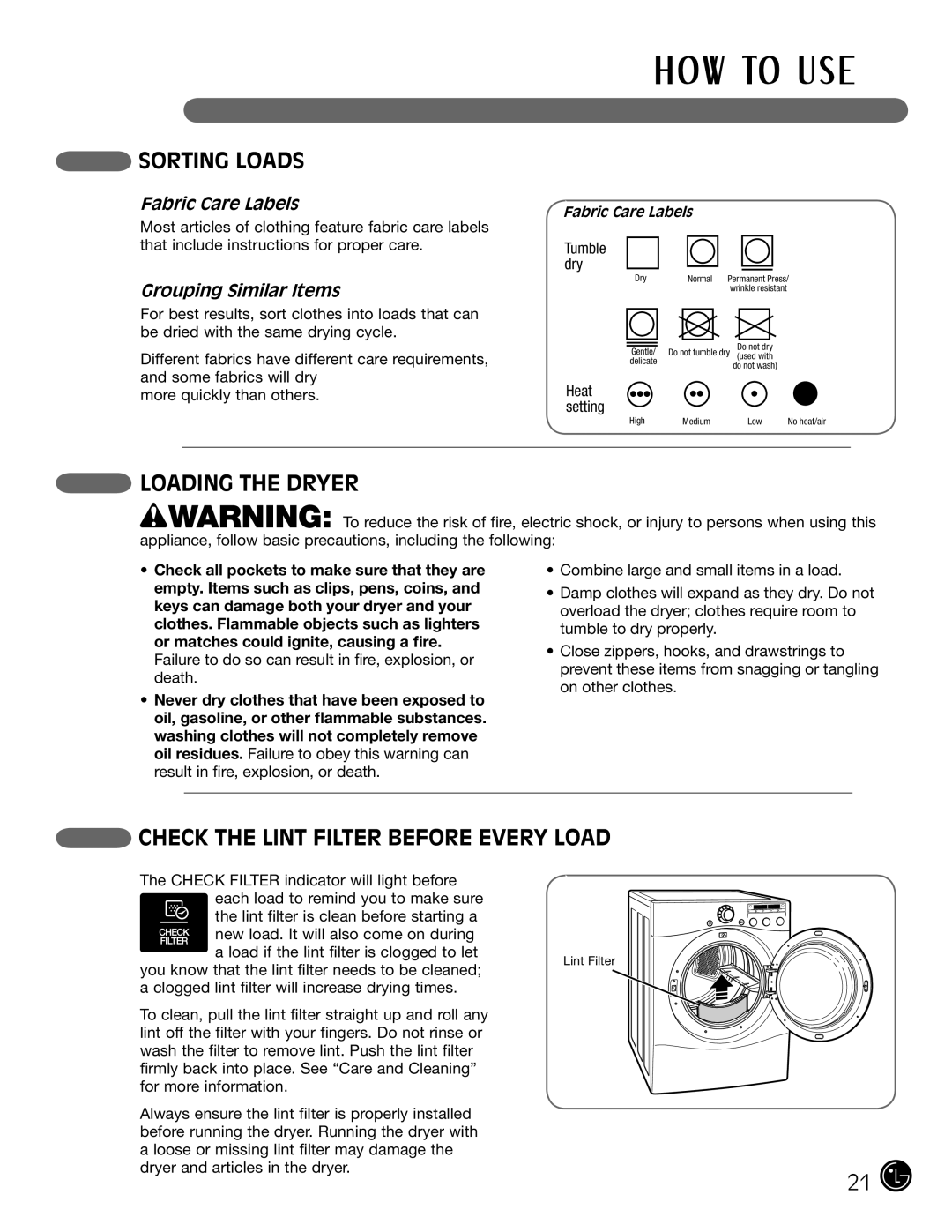 LG Electronics D5966W, D5966G W to U S E, Sorting Loads, Loading the Dryer, Check the Lint Filter Before Every Load 