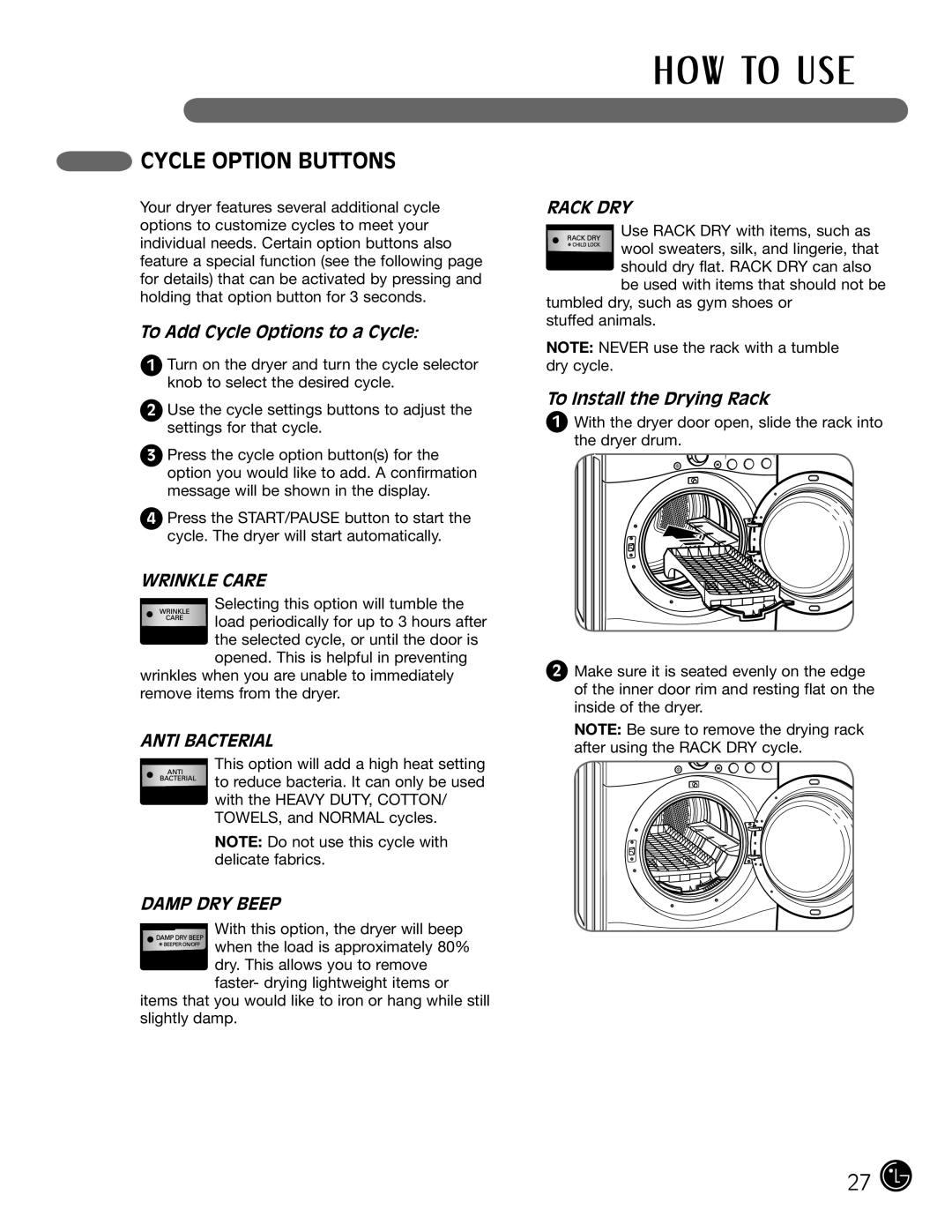 LG Electronics D5966W, D5966G Cycle Option Buttons, To Add Cycle Options to a Cycle, To Install the Drying Rack 