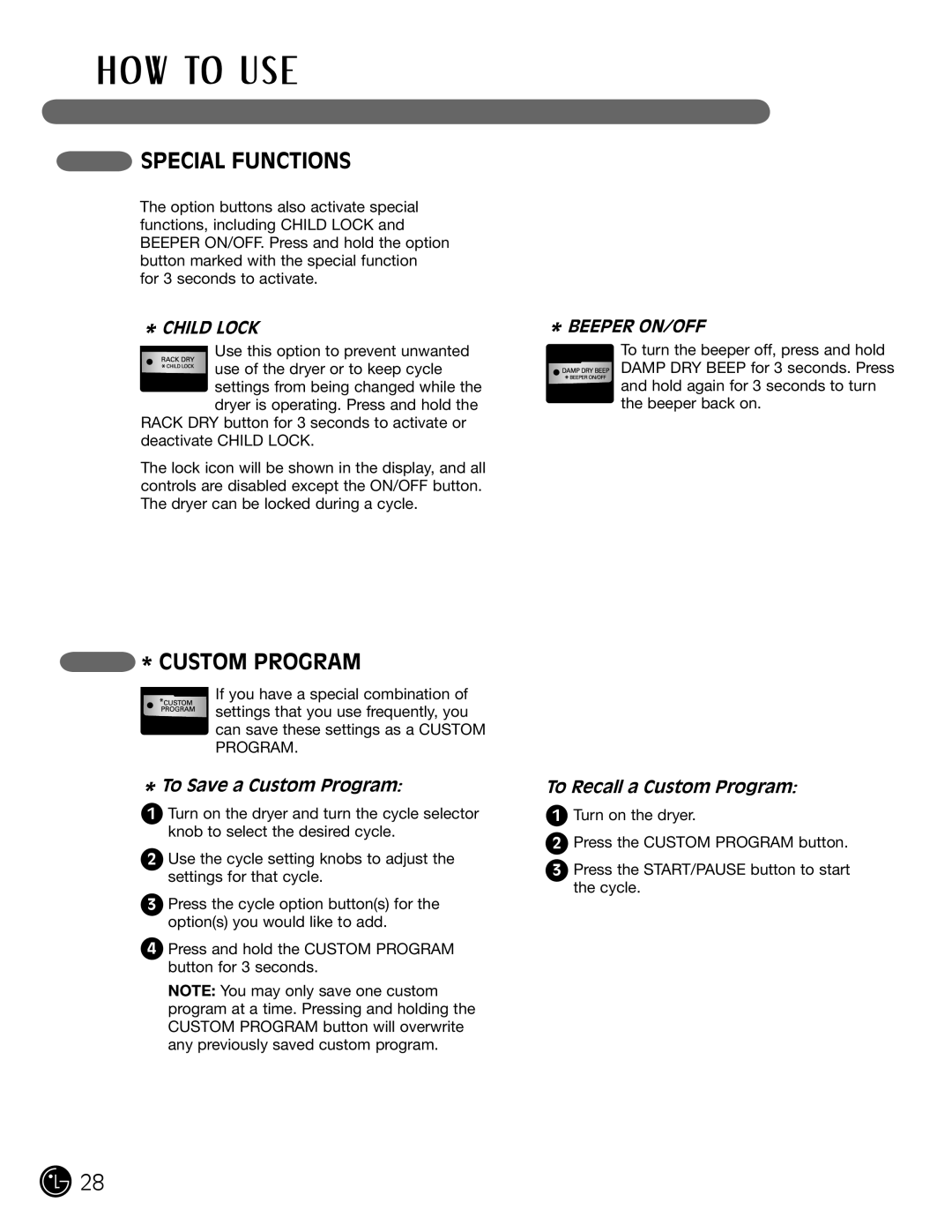 LG Electronics D5966G, D5966W Special Functions, To Save a Custom Program, To Recall a Custom Program 