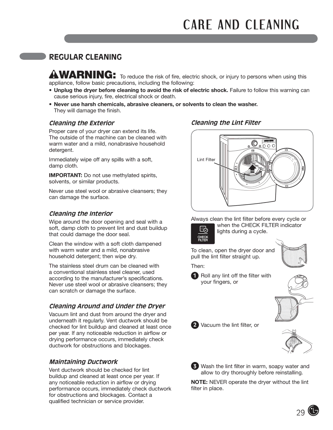 LG Electronics D5966W, D5966G Regular Cleaning, Cleaning the Exterior Cleaning the Lint Filter, Cleaning the Interior 