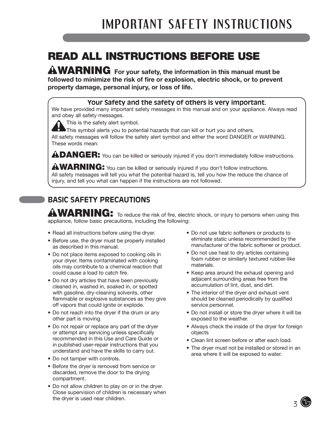 LG Electronics D5966W, D5966G installation instructions Read ALL Instructions Before USE, Basic Safety Precautions 