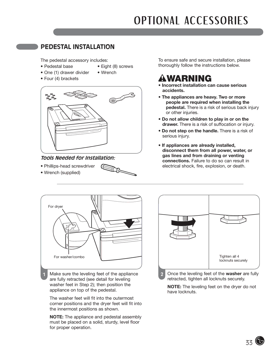 LG Electronics D5966W, D5966G installation instructions Pedestal Installation, Tools Needed for Installation 