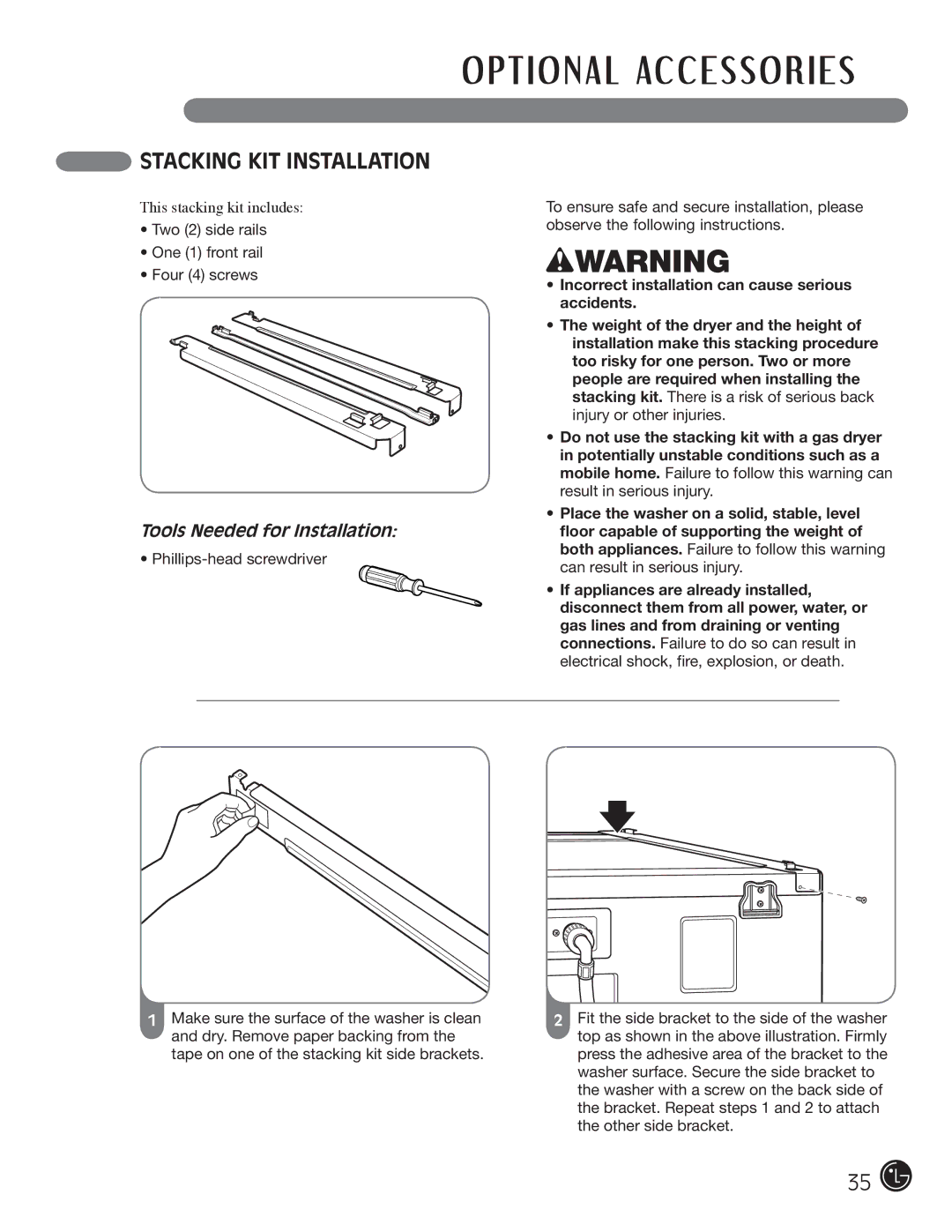 LG Electronics D5966W, D5966G installation instructions Stacking KIT Installation 