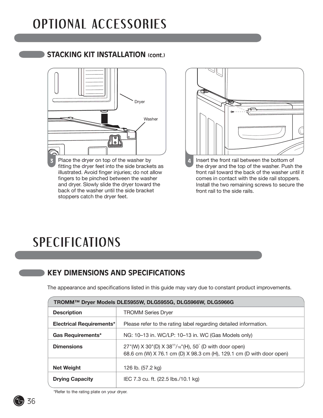 LG Electronics D5966G, D5966W installation instructions E C I F I C At I O N S, KEY Dimensions and Specifications 