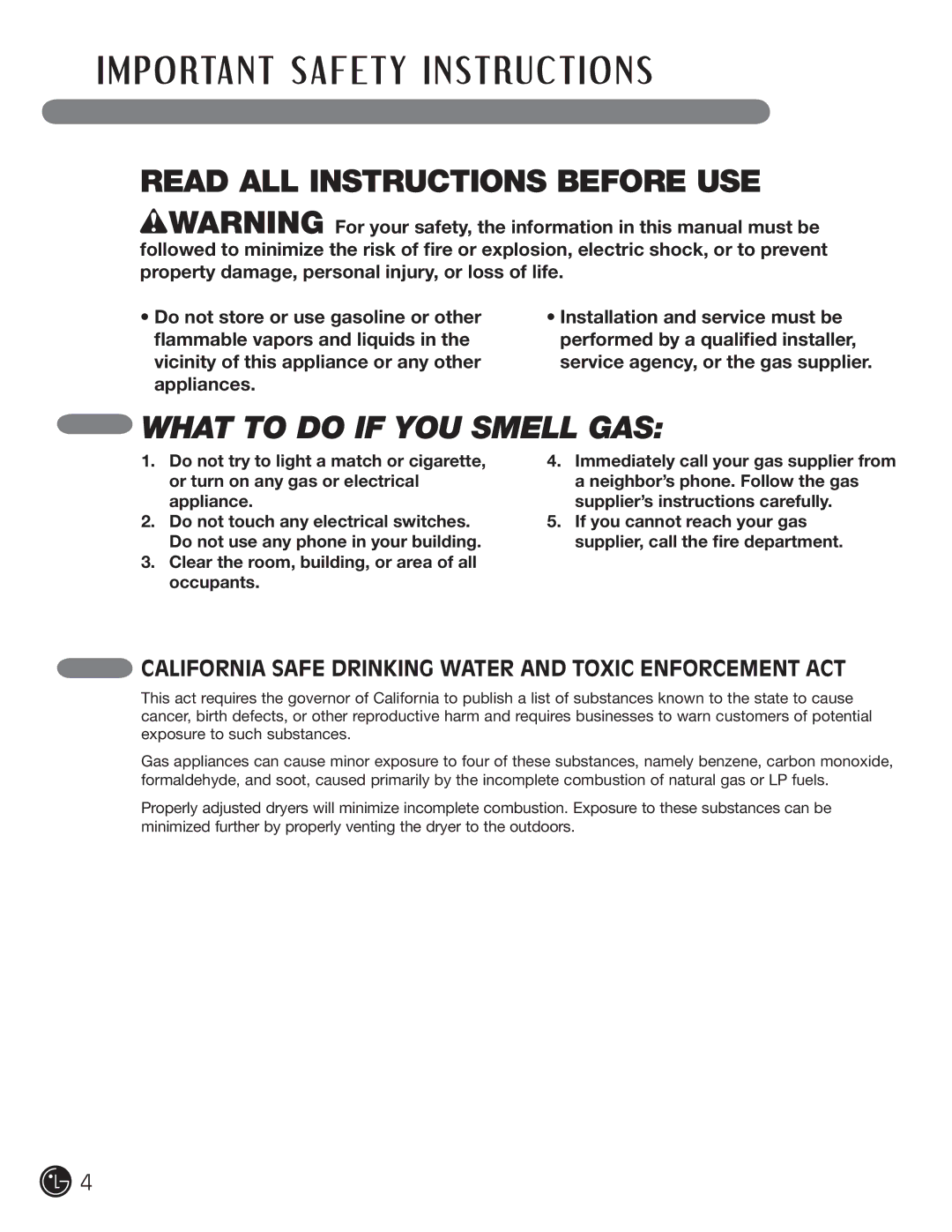 LG Electronics D5966G, D5966W installation instructions P O RTA N T S a F E T Y I N S T R U C T I O N S 