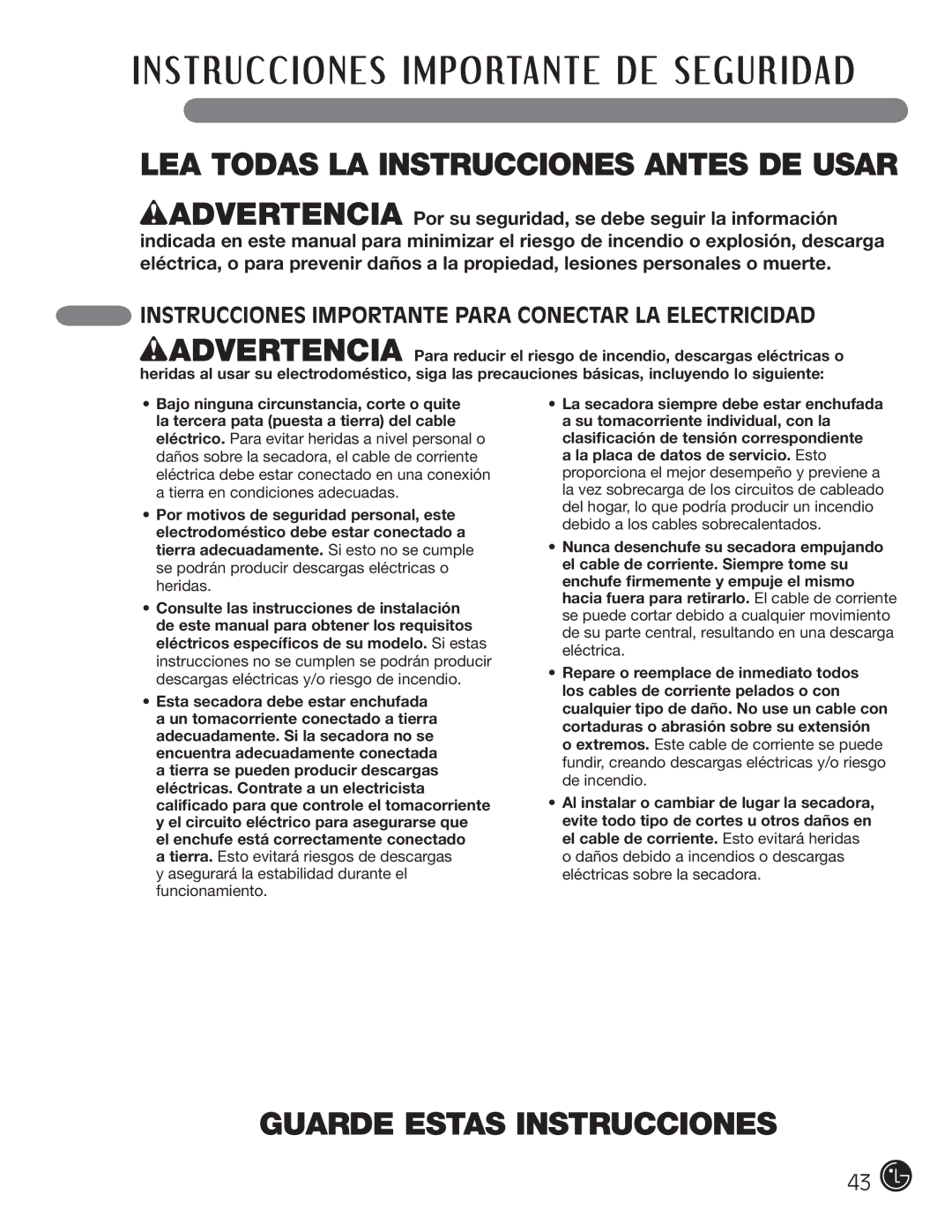 LG Electronics D5966W, D5966G Guarde Estas Instrucciones, Instrucciones Importante Para Conectar LA Electricidad 