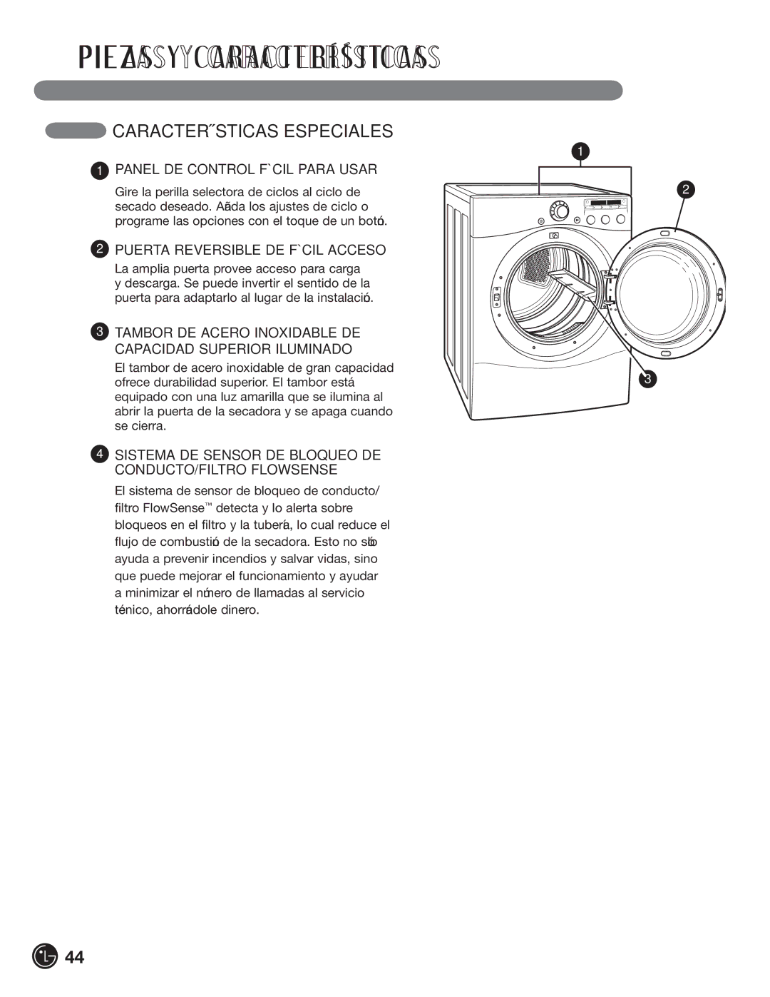 LG Electronics D5966G Características Especiales, Panel DE Control Fácil Para Usar, Puerta Reversible DE Fácil Acceso 