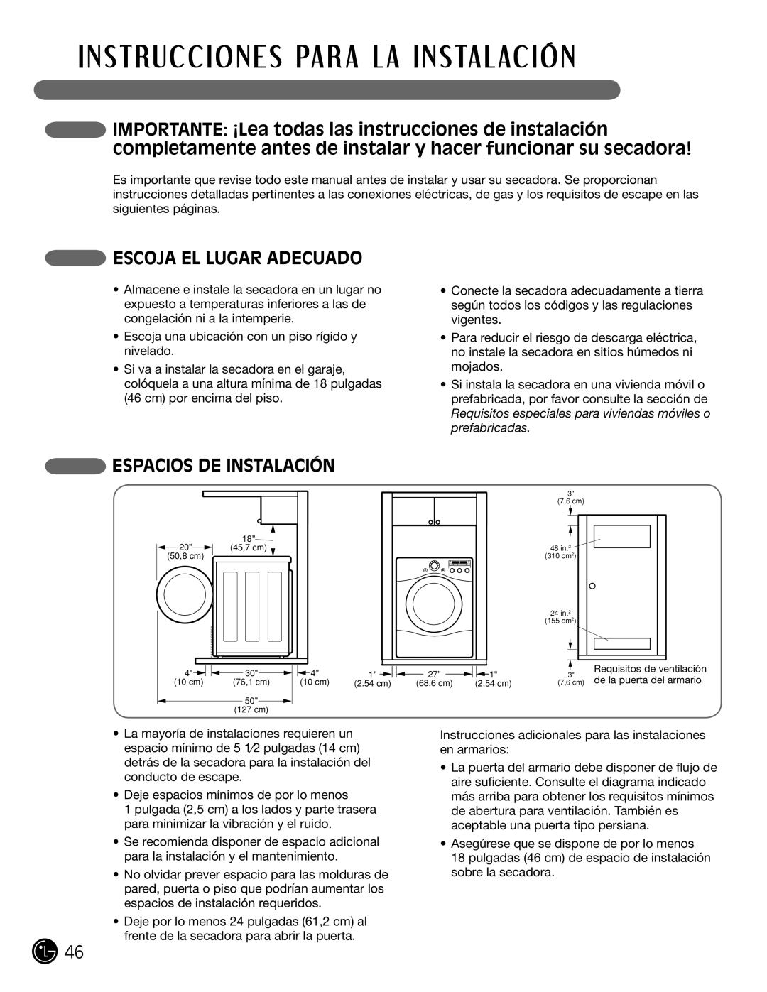 LG Electronics D5966G, D5966W installation instructions Escoja EL Lugar Adecuado, Espacios DE Instalación 