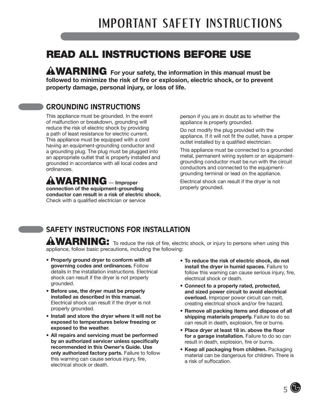 LG Electronics D5966W, D5966G installation instructions Grounding Instructions, Safety Instructions for Installation 