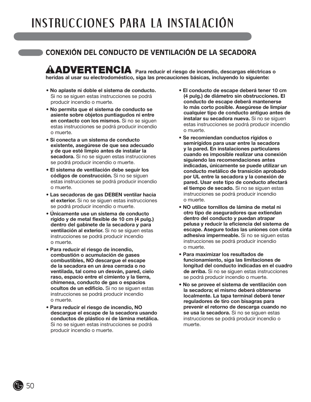 LG Electronics D5966G, D5966W installation instructions Conexión DEL Conducto DE Ventilación DE LA Secadora 