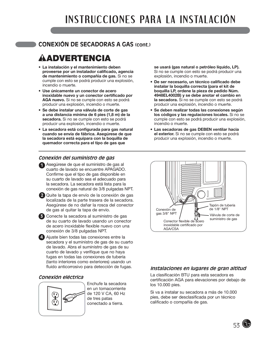 LG Electronics D5966W, D5966G Conexión del suministro de gas, Conexión eléctrica, Instalaciones en lugares de gran altitud 