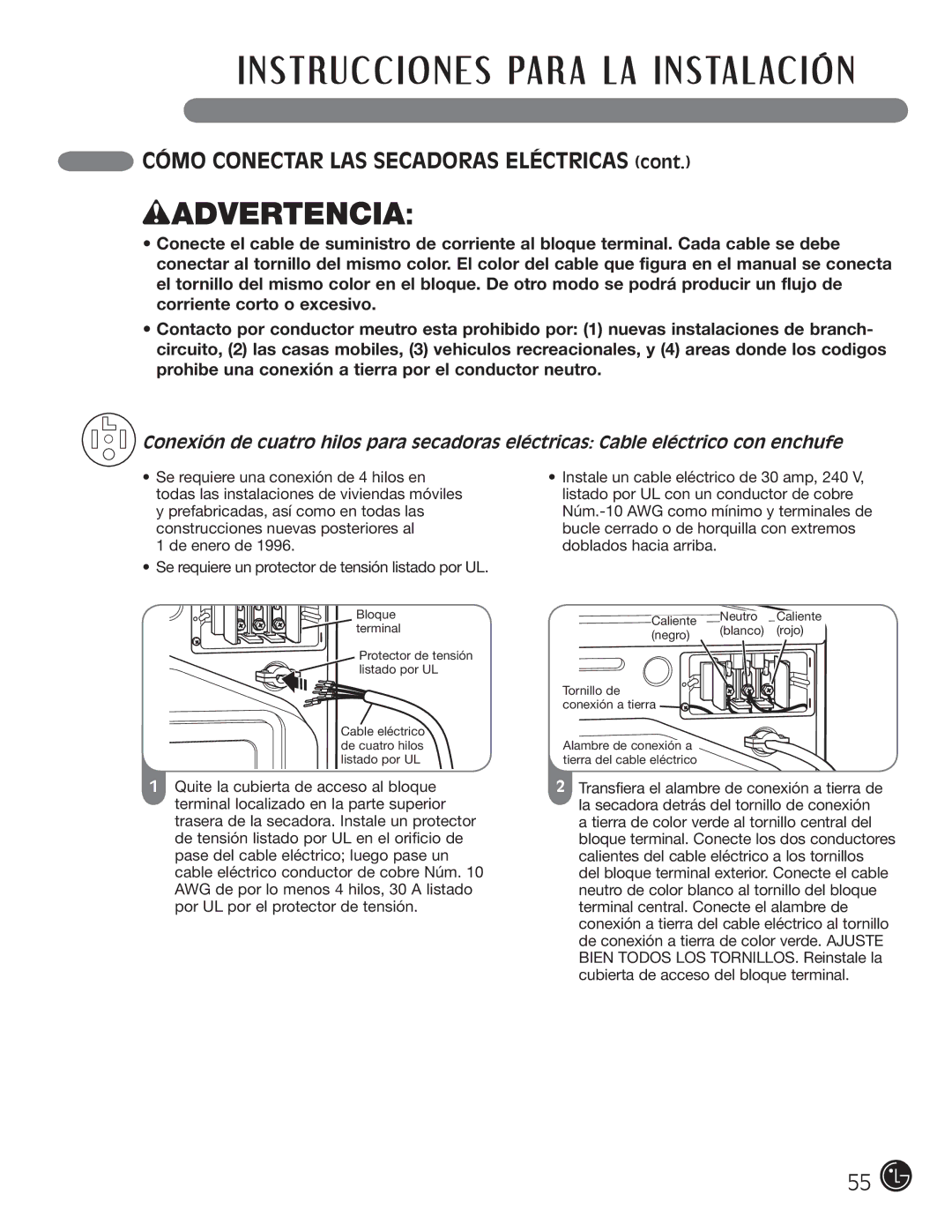 LG Electronics D5966W, D5966G installation instructions Cómo Conectar LAS Secadoras Eléctricas 